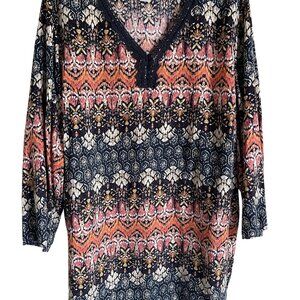 Catherines 3X Crochet Trim Popover V-Neck 100% Rayon Chevron Tunic Long Sleeve